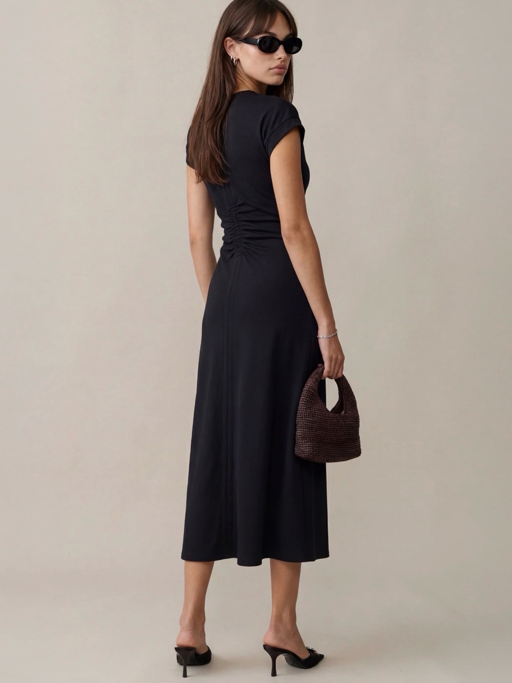 o.p.t. Roxy Ponte Knit Black Ruched Front Midi Dress - Picture 2 of 4